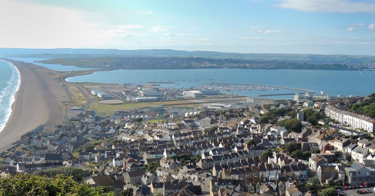 A scenic aerial view of a coastal town by the blue sea, showcasing vibrant architecture and shorelines.