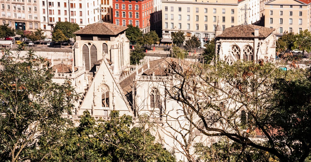 A panoramic view of the historical Saint-Jean Cathedral and urban architecture in Lyon, France.