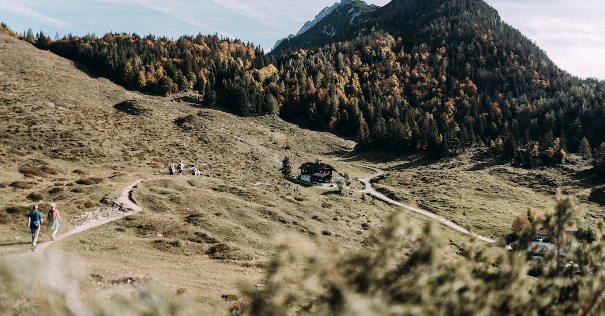 Stunning view of Tyrol's lush countryside with hikers and a distant house under autumn foliage.