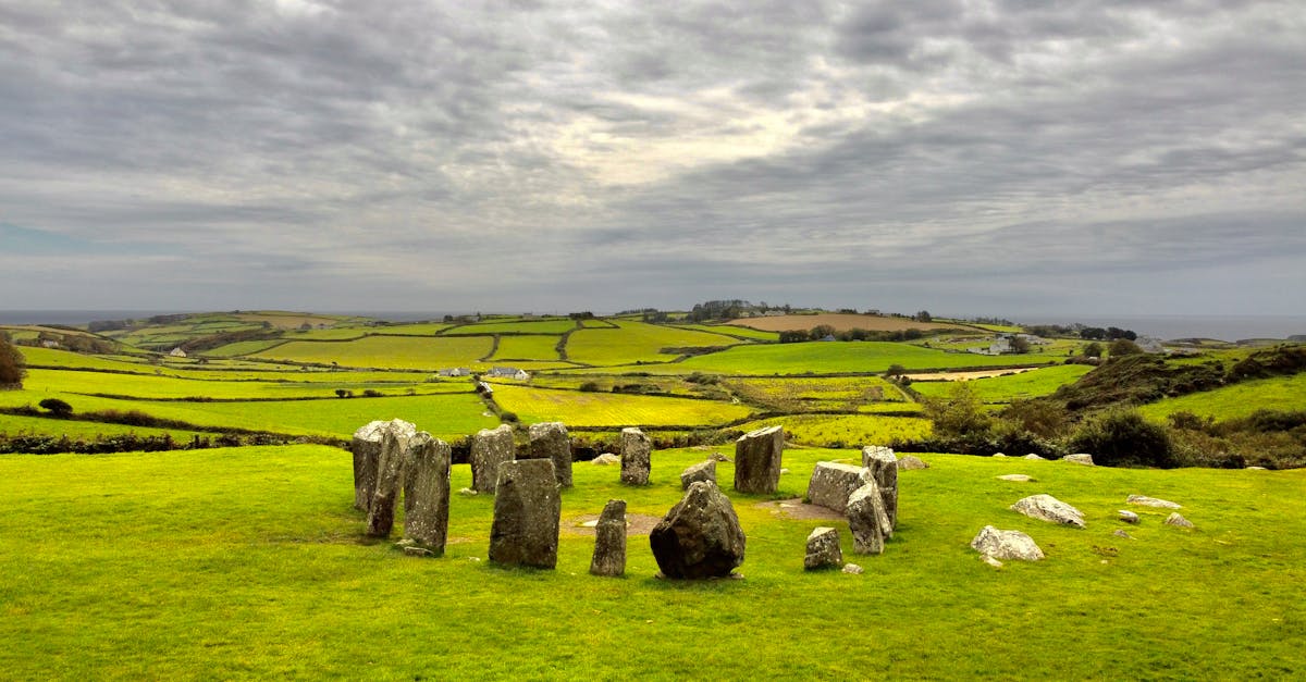 Scenic view of Drombeg Stone Circle with lush fields in Ireland.
