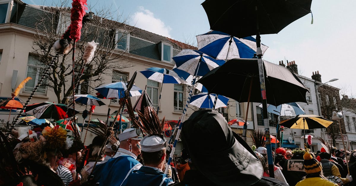 Vibrant street festival featuring umbrellas and costumes in a lively crowd.