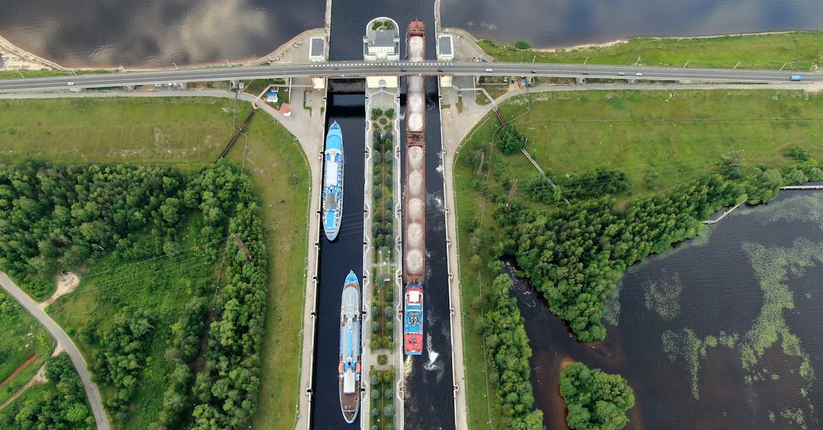 Drone shot capturing ships navigating Zaborovo lock in Nizhny Novgorod, Russia.