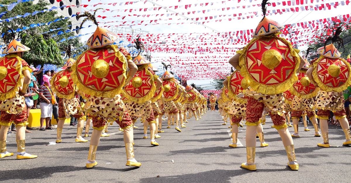 A lively street festival with costumed dancers in a parade, showcasing cultural celebrations.