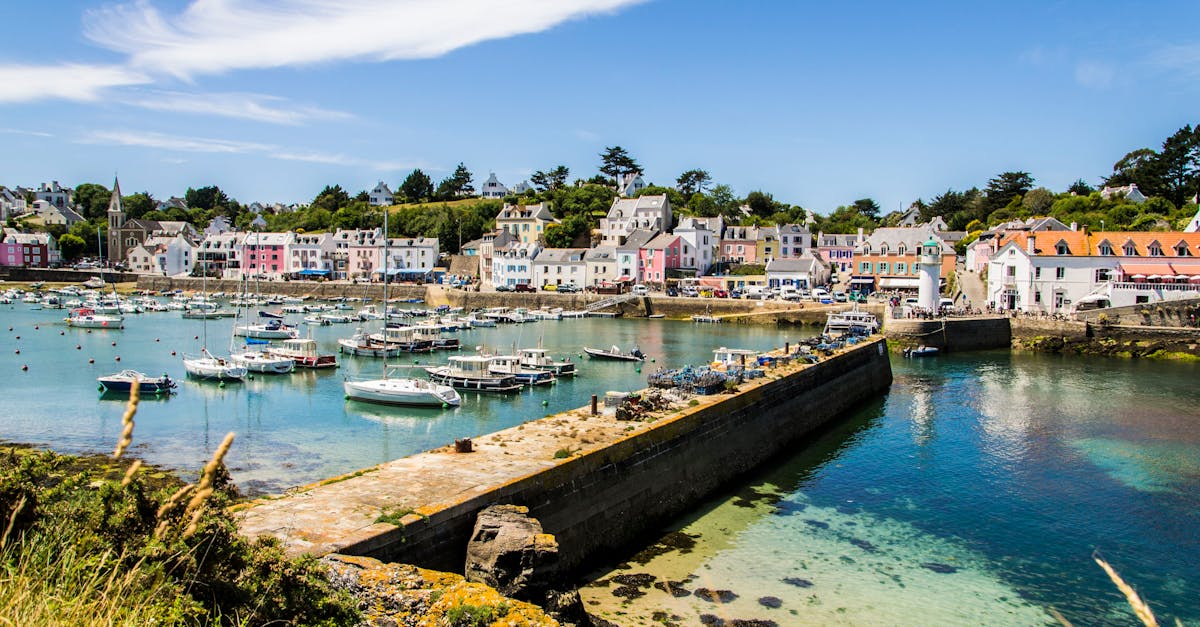 A picturesque marina scene with moored boats and colorful seaside town under a clear sky.