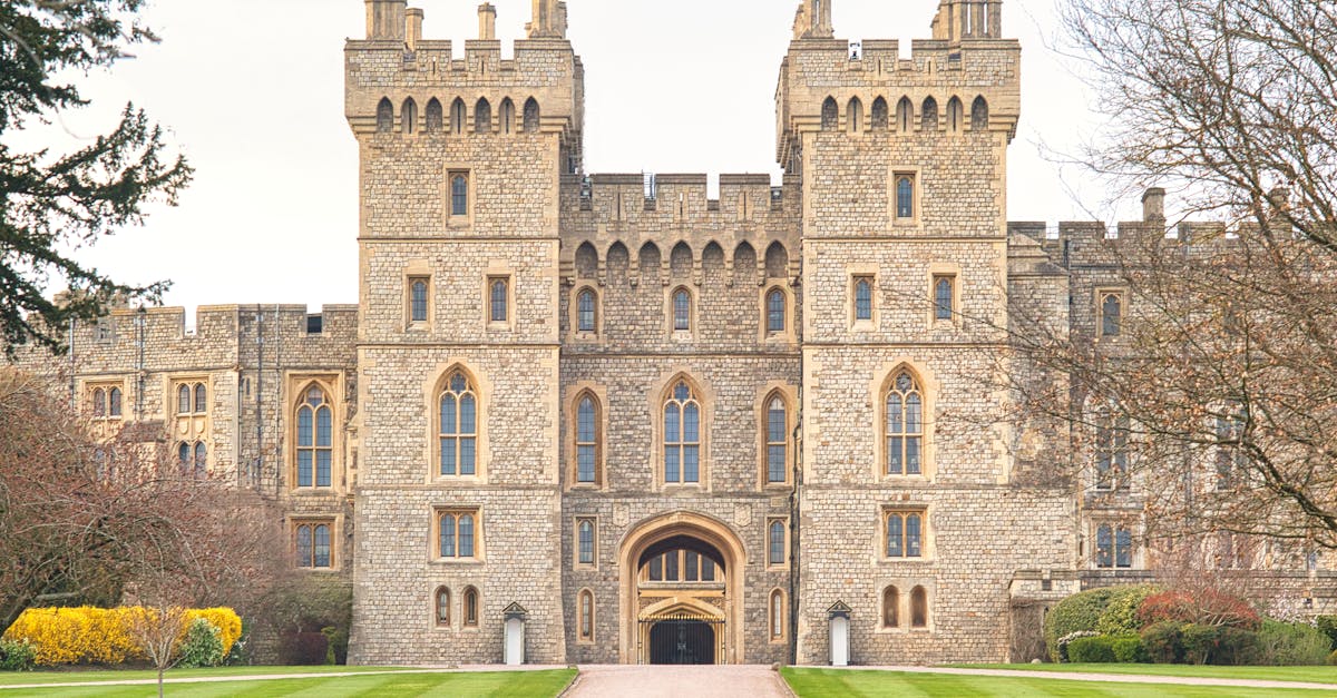 Entrance view of Windsor Castle, a historic landmark in England.