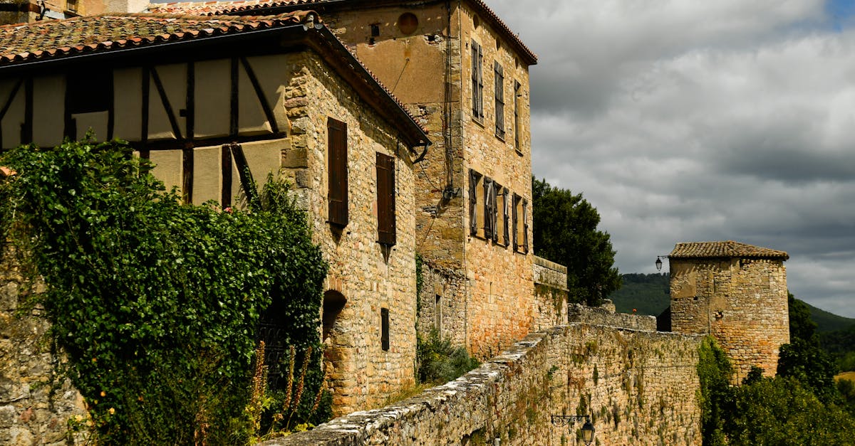 Rustic stone buildings with ivy-covered walls in a historical French village.