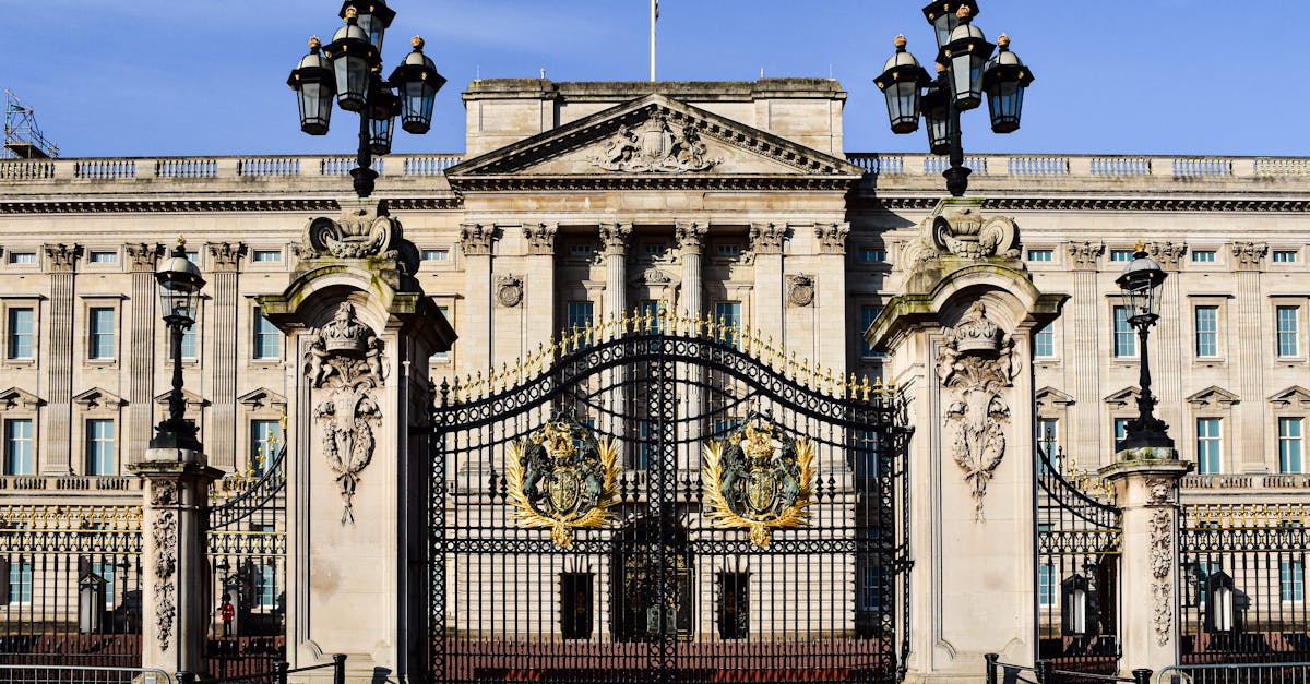 Front view of Buckingham Palace with iconic gates in London, England.