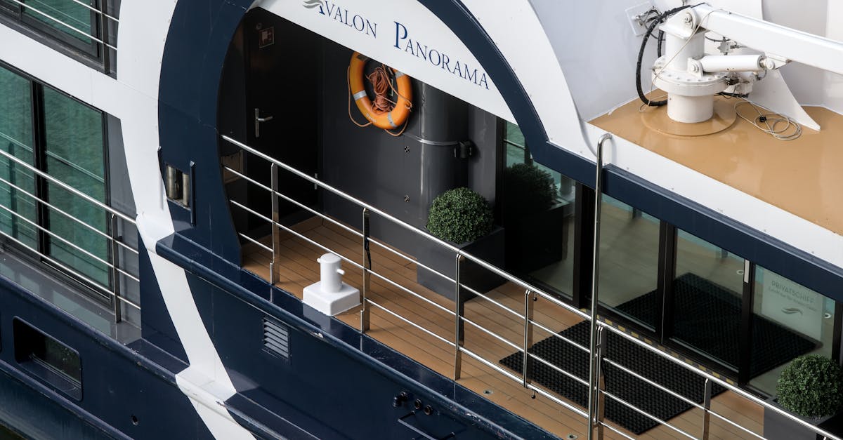High angle view of an Avalon Panorama cruise ship deck with railings and life ring.