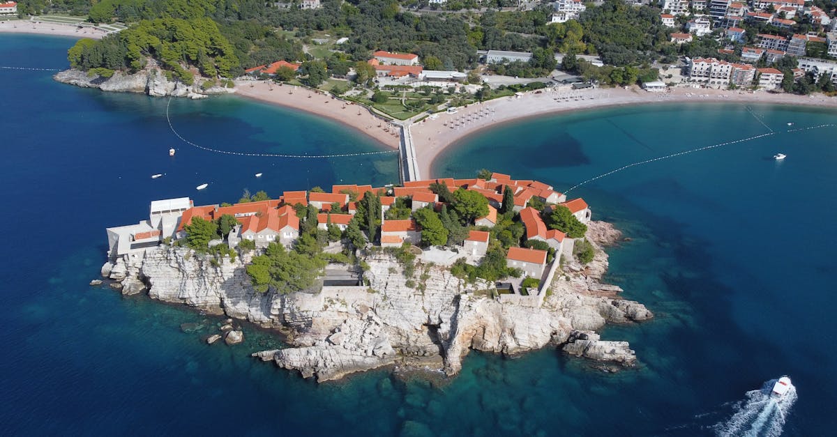 Discover the stunning aerial view of Sveti Stefan, Montenegro's iconic island resort.