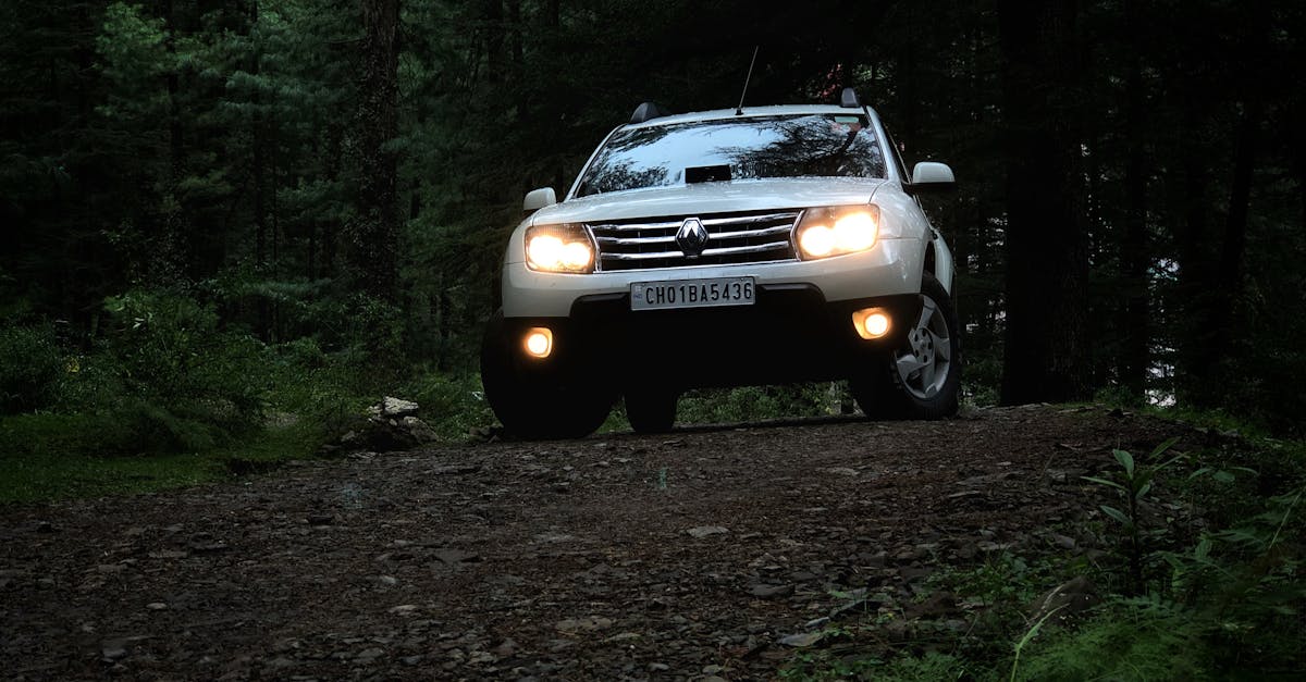 A car drives off-road through a dense forest, highlighting adventure and exploration.