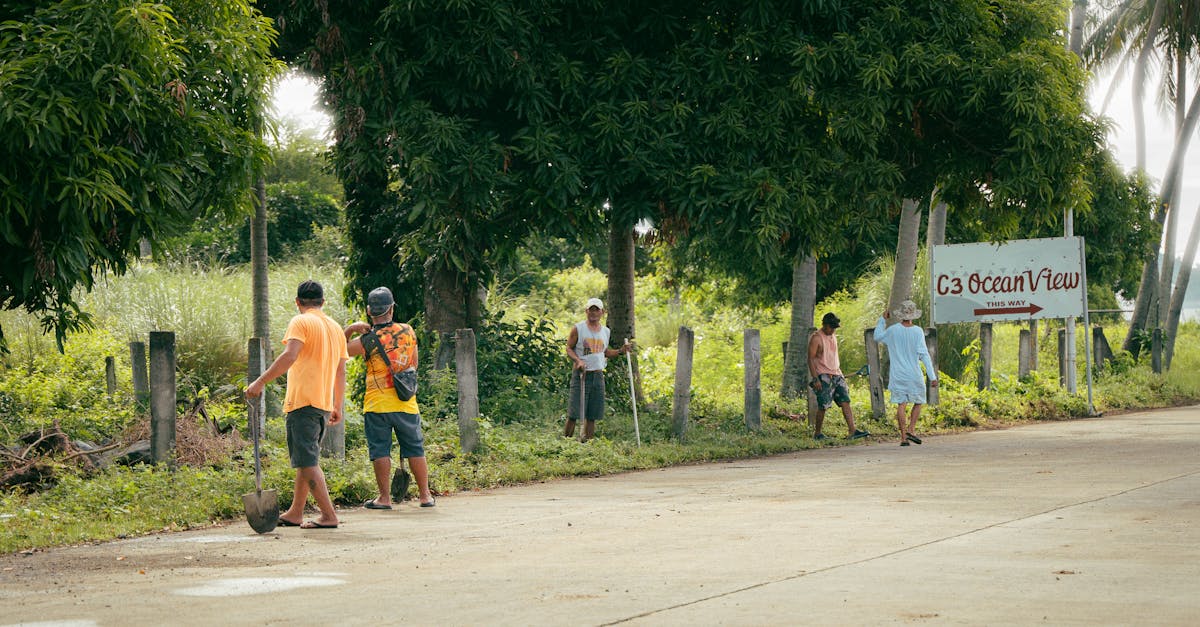 People cleaning a roadside near lush greenery at C3 Ocean View, emphasizing community effort.