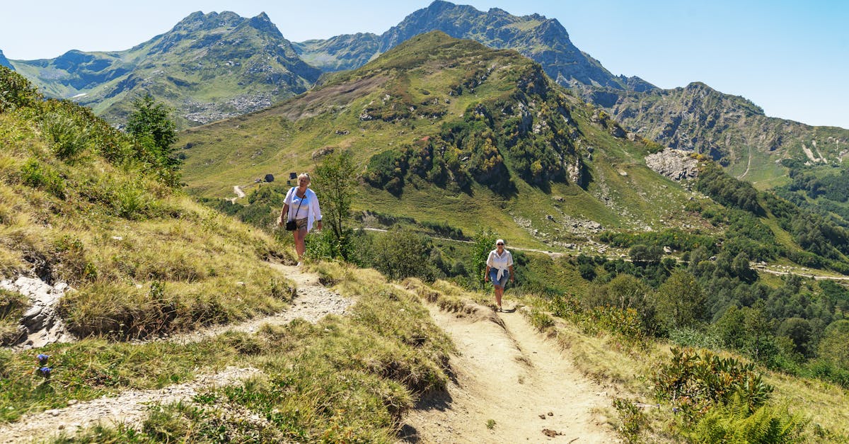 Two hikers walking along a trail amidst beautiful mountainous scenery on a sunny day.