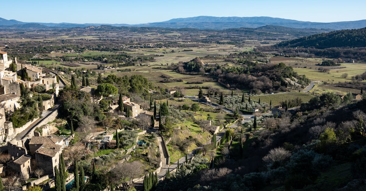 Aerial view of Gordes, a beautiful village in Provence, France with lush landscapes and historic architecture.