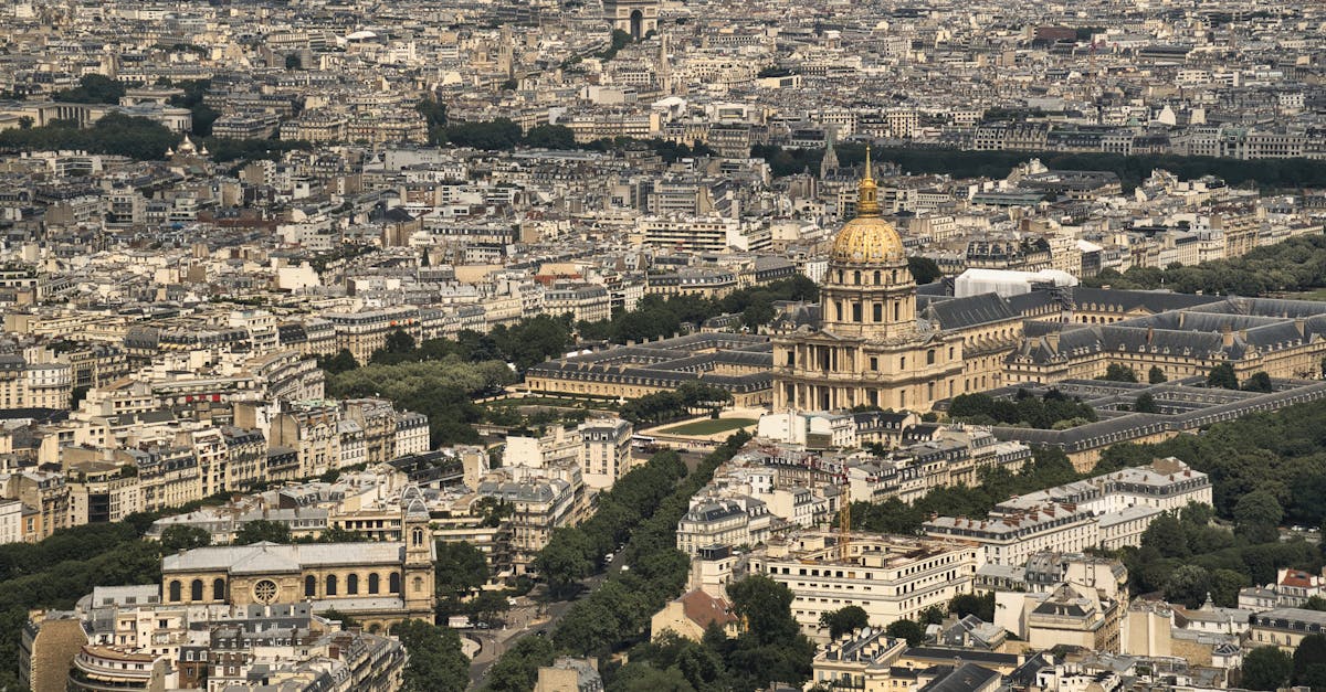 A breathtaking aerial view of Les Invalides and Paris cityscape.