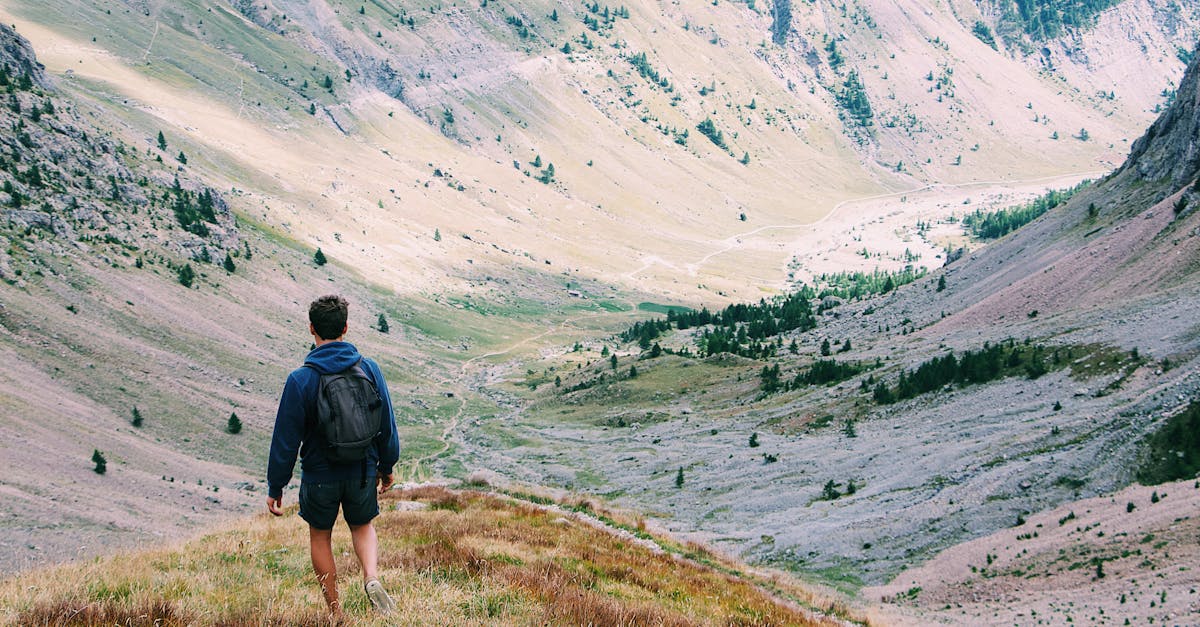 A lone hiker with a backpack explores a scenic mountain valley, surrounded by nature's beauty.