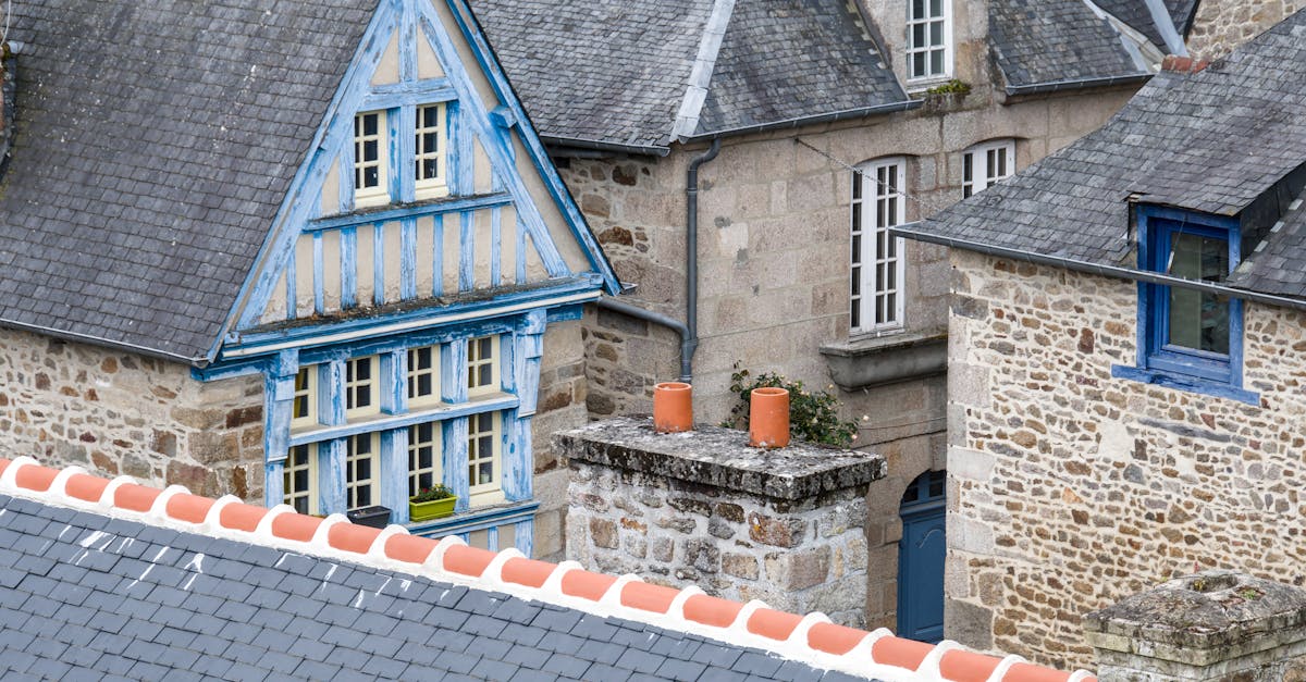 View of traditional stone and timber houses in Brittany, France.