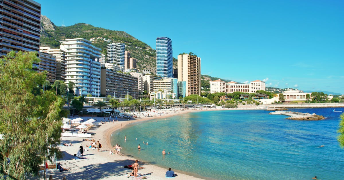 A sandy beach with people relaxing against the backdrop of Monaco's city skyline and blue sea.