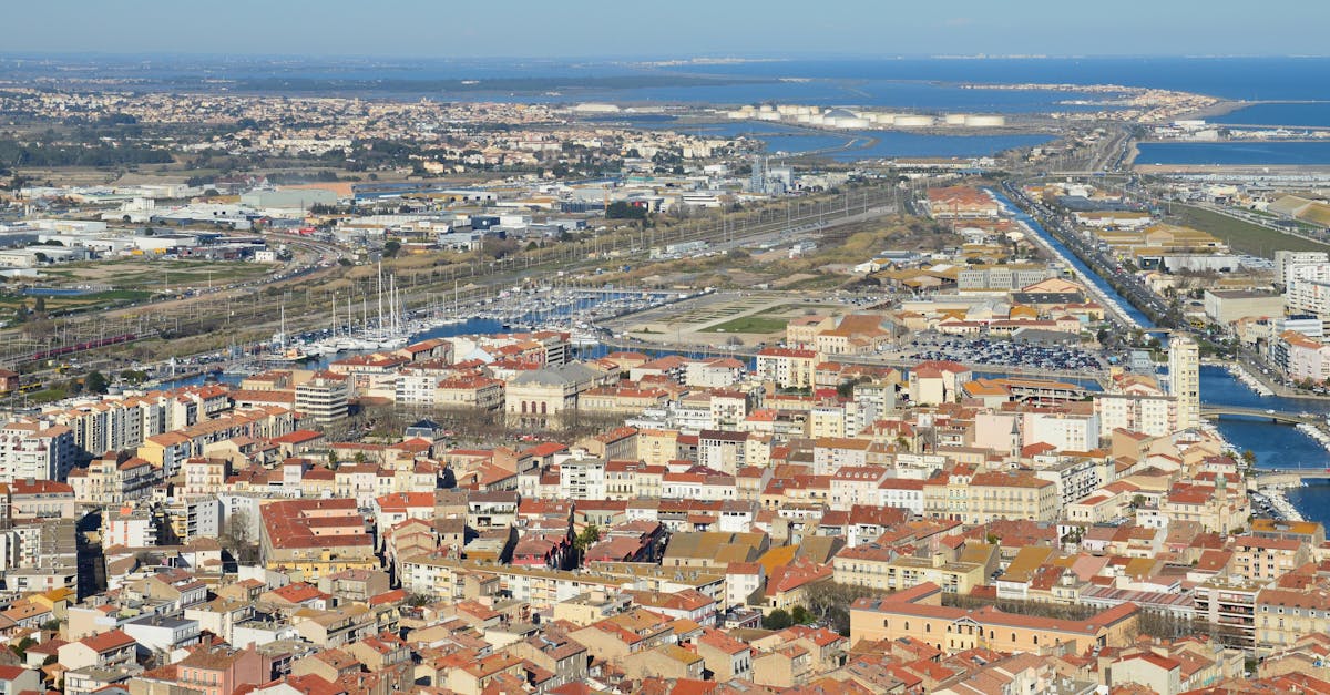 Aerial view of Sète, France with its vibrant rooftops and harbor.