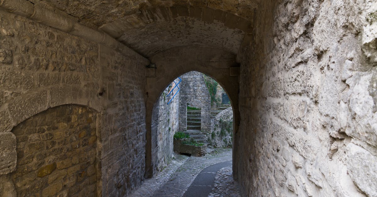 Ancient stone archway and pathway in Vaison-la-Romaine, France, showcasing medieval architecture.