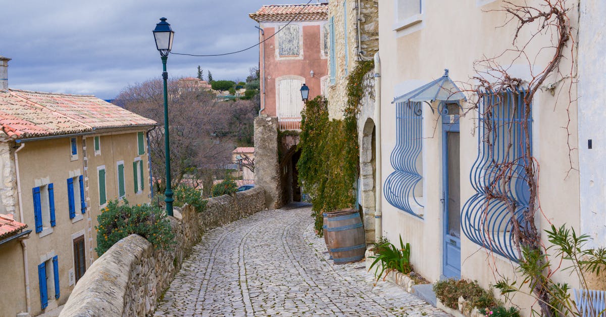 Picturesque cobblestone street with colorful houses in a quaint Provencal village.
