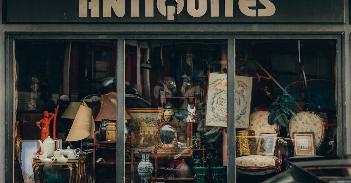 Explore a quaint Parisian antique shop with an elegant window display showcasing vintage treasures.