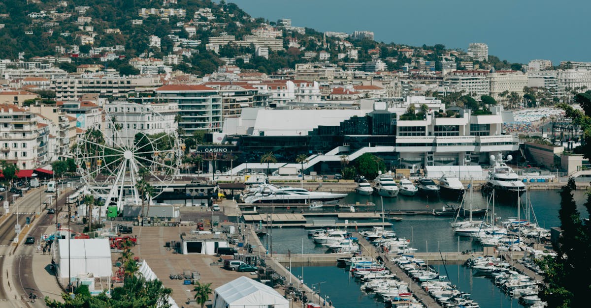 Scenic aerial shot of Cannes harbor with yachts and cityscape, capturing the essence of the French Riviera.