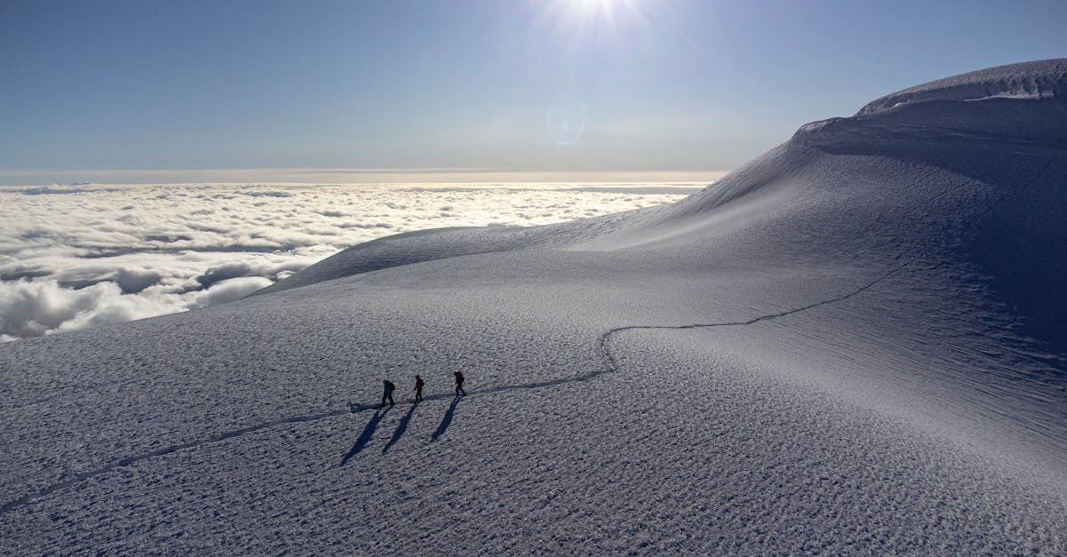 A group of hikers ascend the snow-covered slopes of Chimborazo Volcano under a bright sun.
