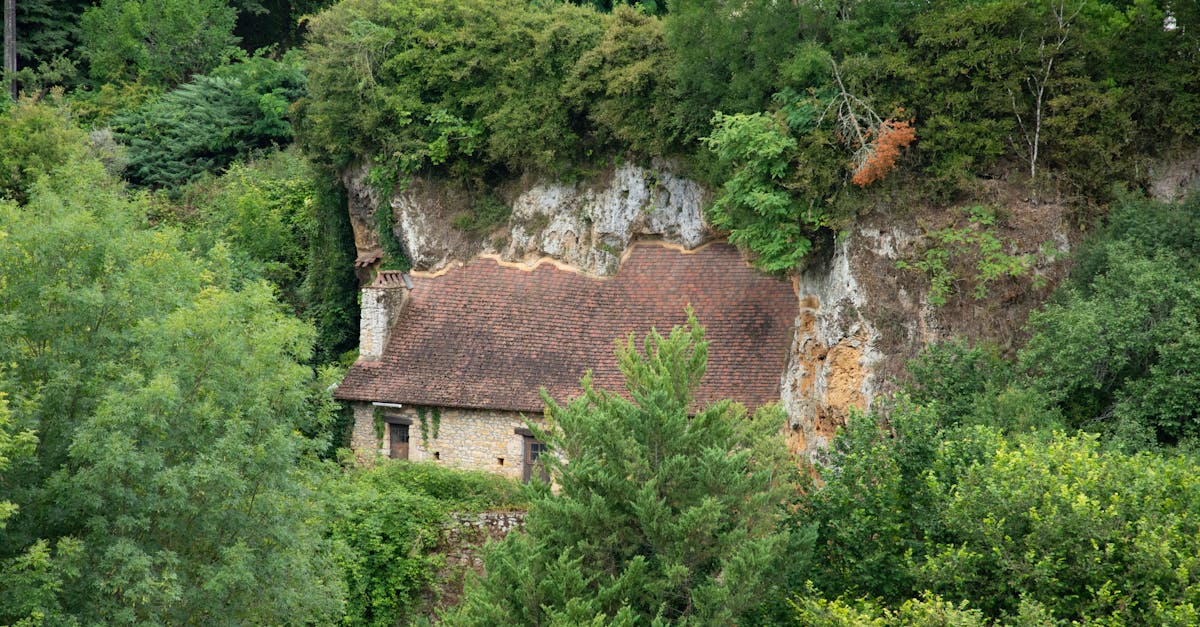 Rustic stone house embedded in a lush forest cliff in Nouvelle-Aquitaine, France.