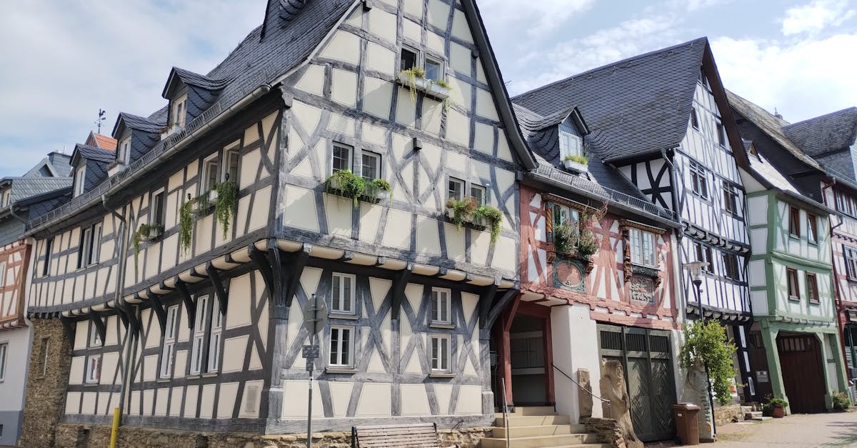Picturesque row of traditional half-timbered houses in a German village.
