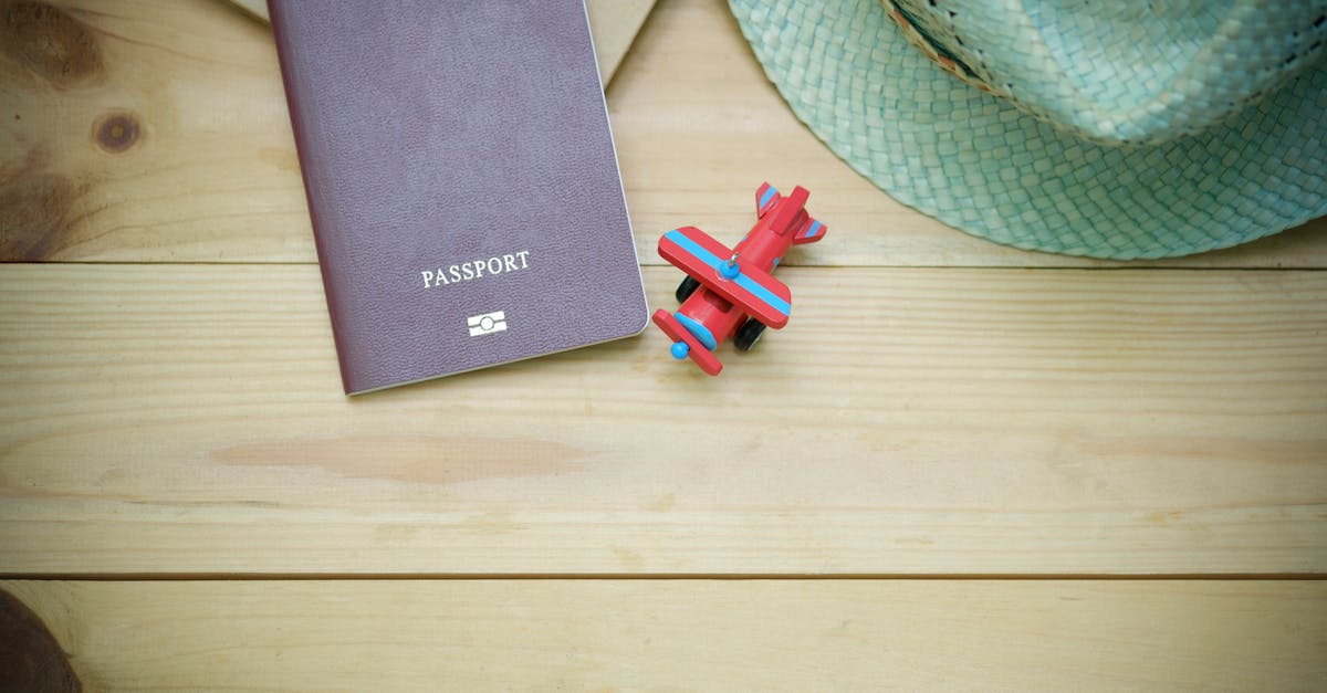 Flat lay of a passport, straw hat, and toy airplane on a wooden surface.