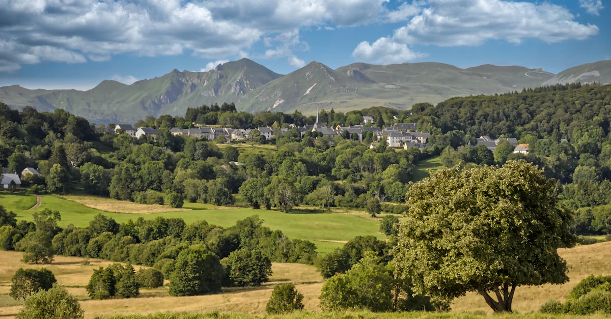 Scenic landscape of a village nestled in verdant hills beneath a blue sky.