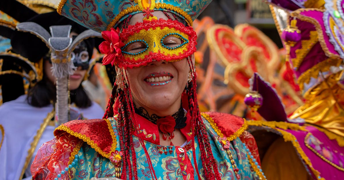 Colorful carnival costumes and masks in the lively streets of Tarma, Peru.