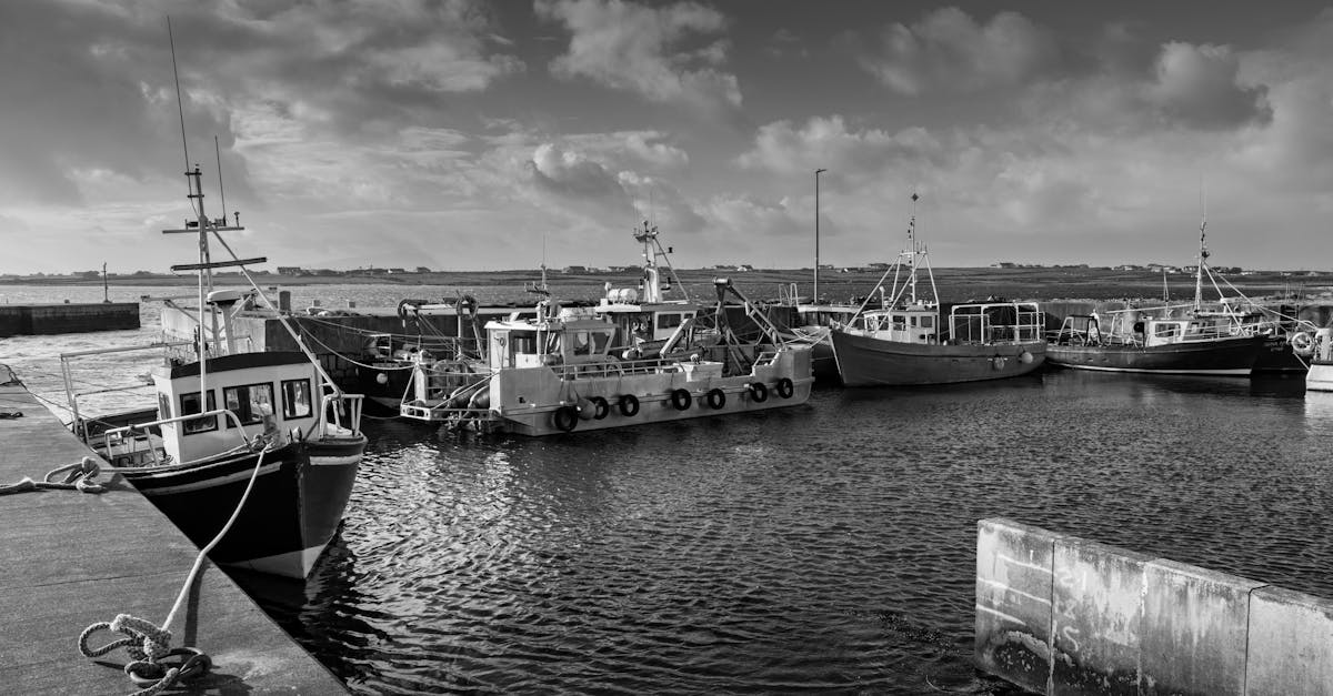 Serene black and white image of fishing boats docked at a harbor under a cloudy sky.