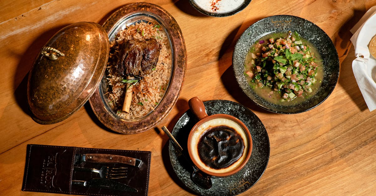 Delicious Middle Eastern lamb dish with coffee and salad, perfect for food lovers.
