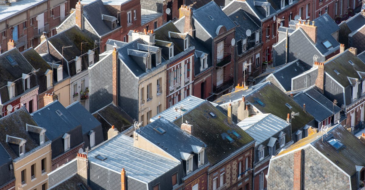 Charming rooftop architecture of Le Tréport, France, viewed from above in a sunny setting.