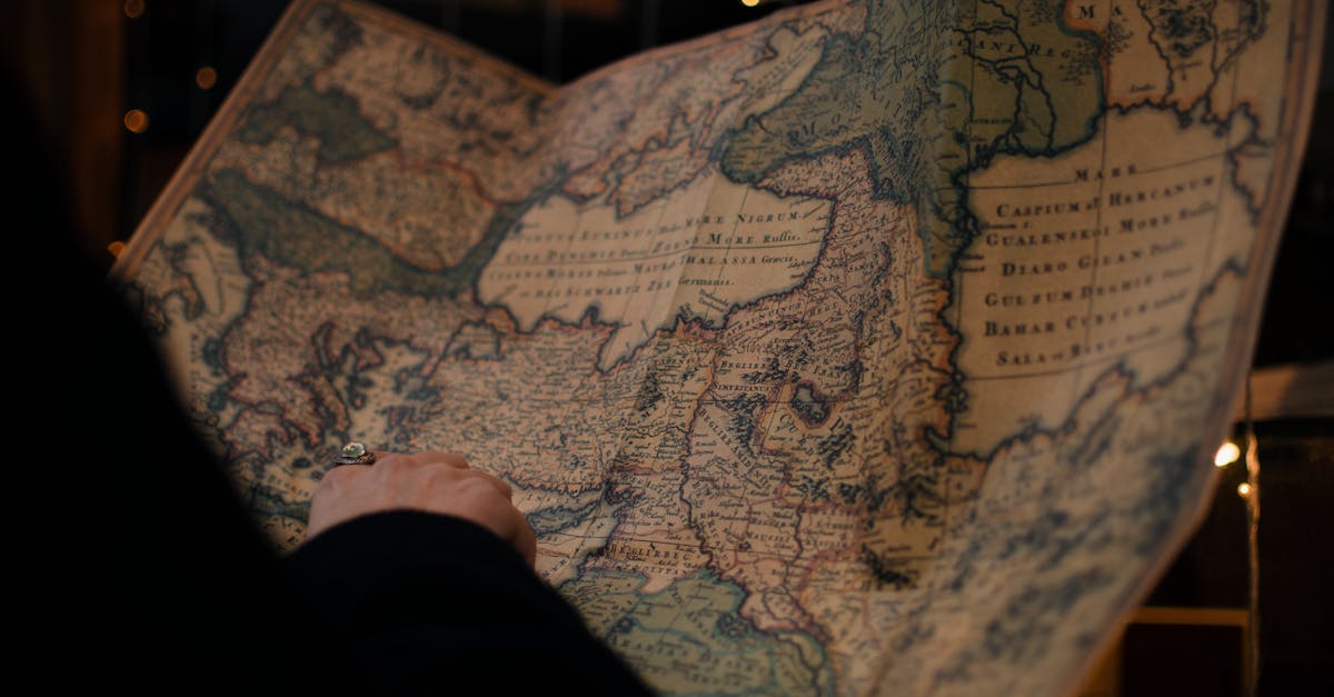 From behind anonymous person examining antique world map printed on large paper in blue colors in dark room