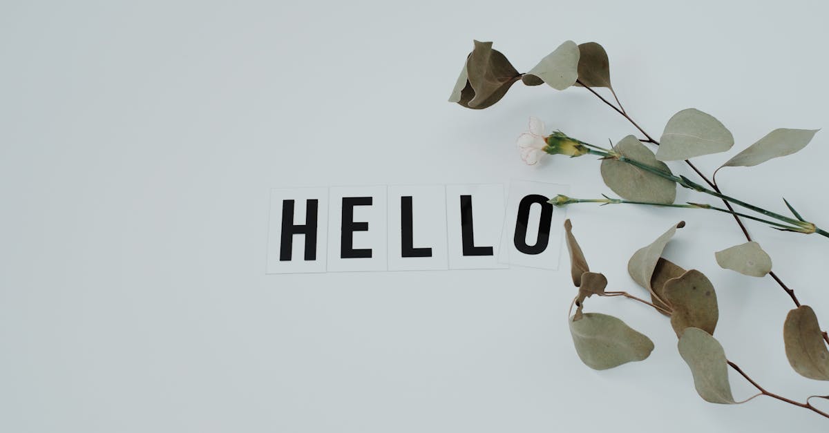 A minimalist flat lay featuring a 'HELLO' note with eucalyptus leaves on a white background.