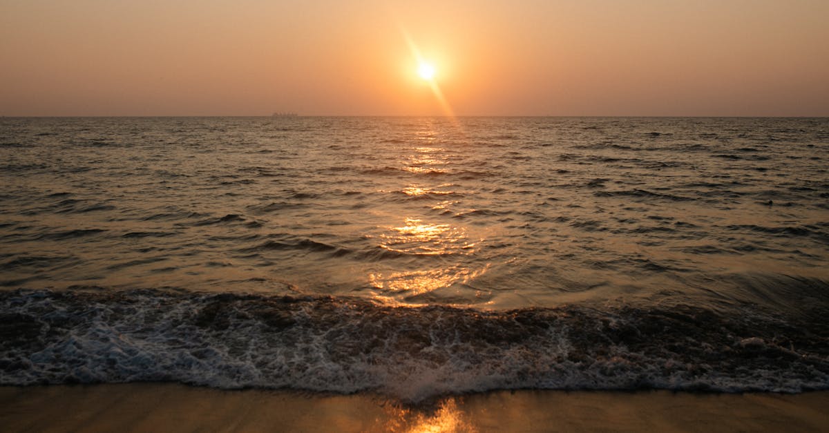 Tranquil sunset over the ocean with gentle waves meeting the sandy shore.