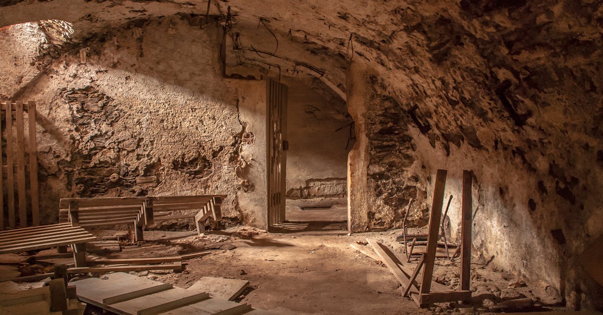 An atmospheric shot of an old, abandoned basement with weathered stone walls and scattered debris.