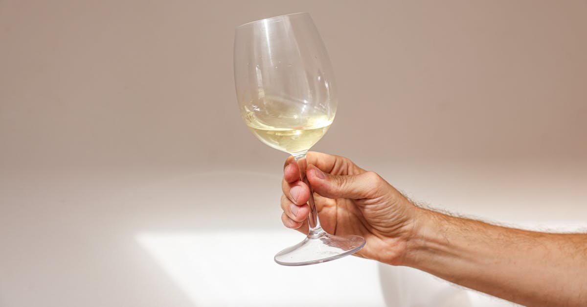 A close-up of a hand holding a glass of white wine against a plain white background, emphasizing elegance.