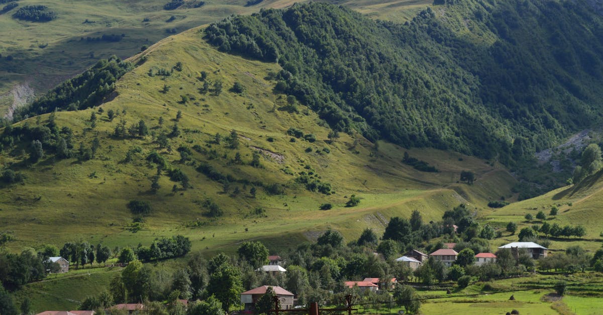 Beautiful rural landscape of a village nestled in the lush Georgian mountains.