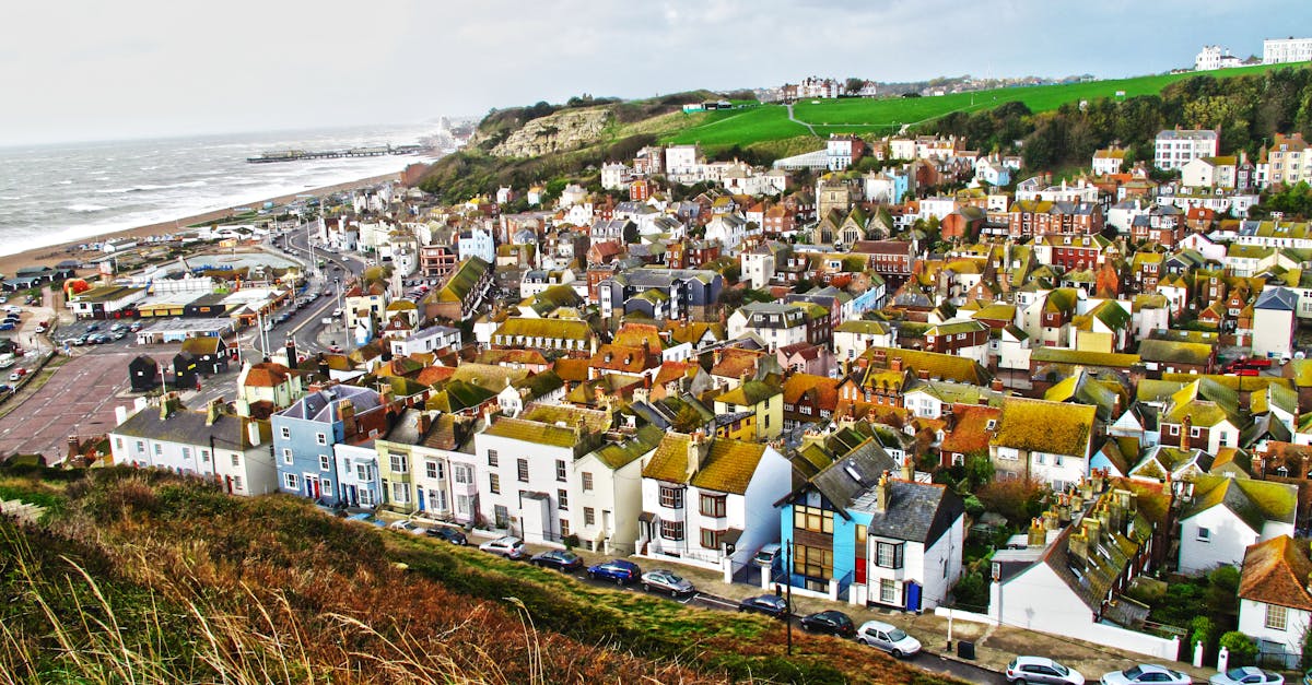 Charming coastal town with colorful houses and sea view from a high vantage point.