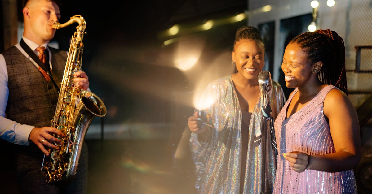 Vibrant night scene of a jazz band performing with saxophonist and singers enjoying the music.